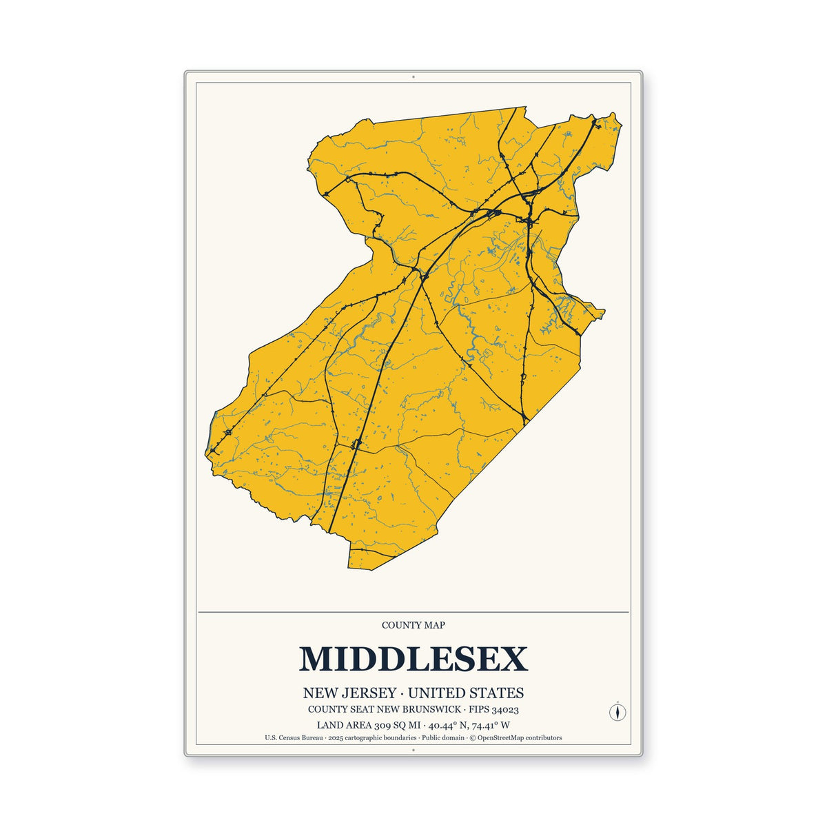 Middlesex County, New Jersey Map Aluminum Sign in Citrine Modern style