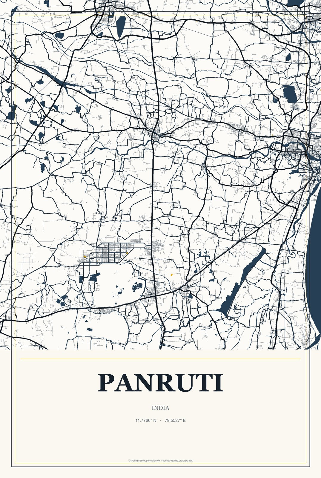 Panruti, India City Map Aluminum Sign in Citrine Modern style