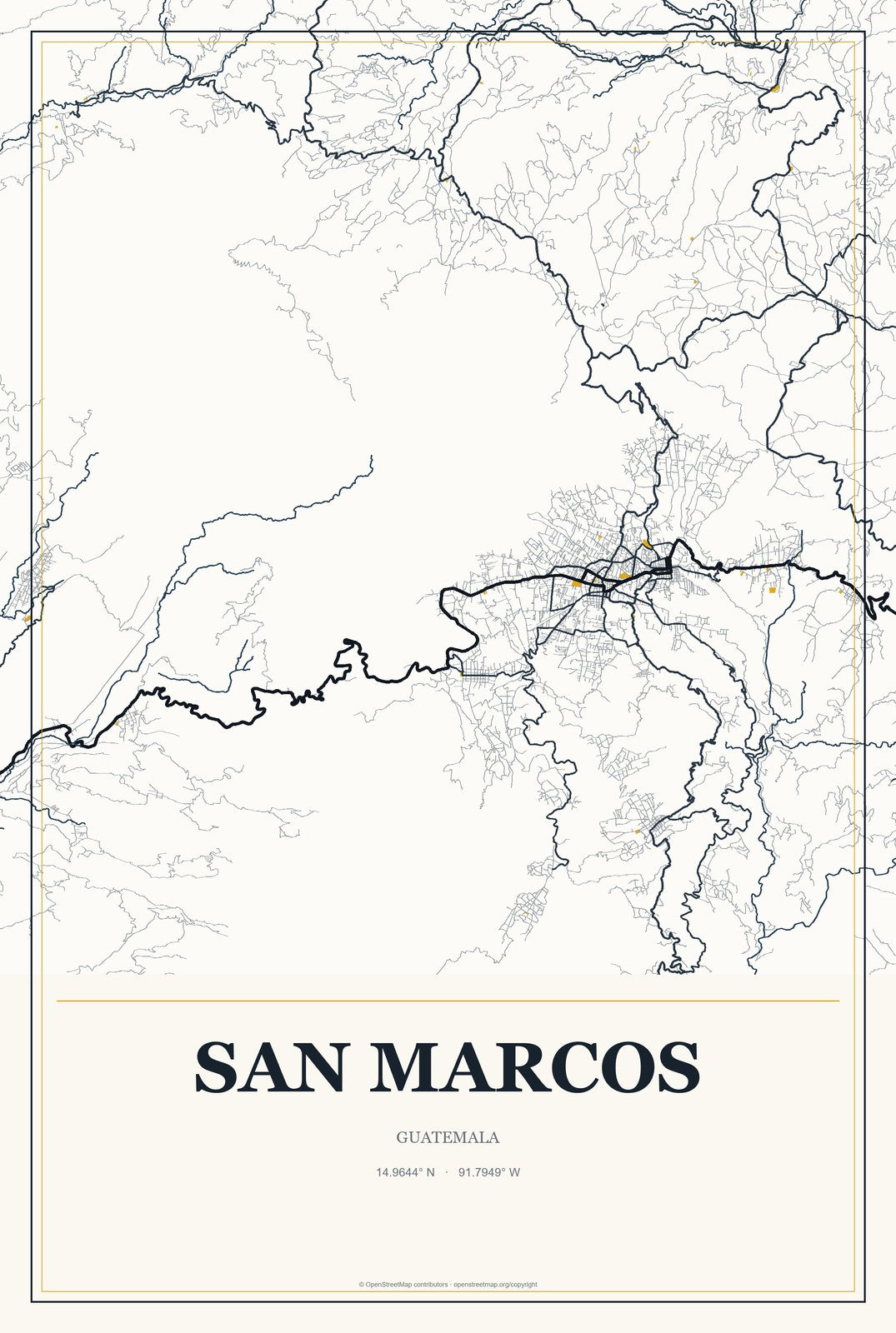 San Marcos, Guatemala City Map Aluminum Sign in Citrine Modern style
