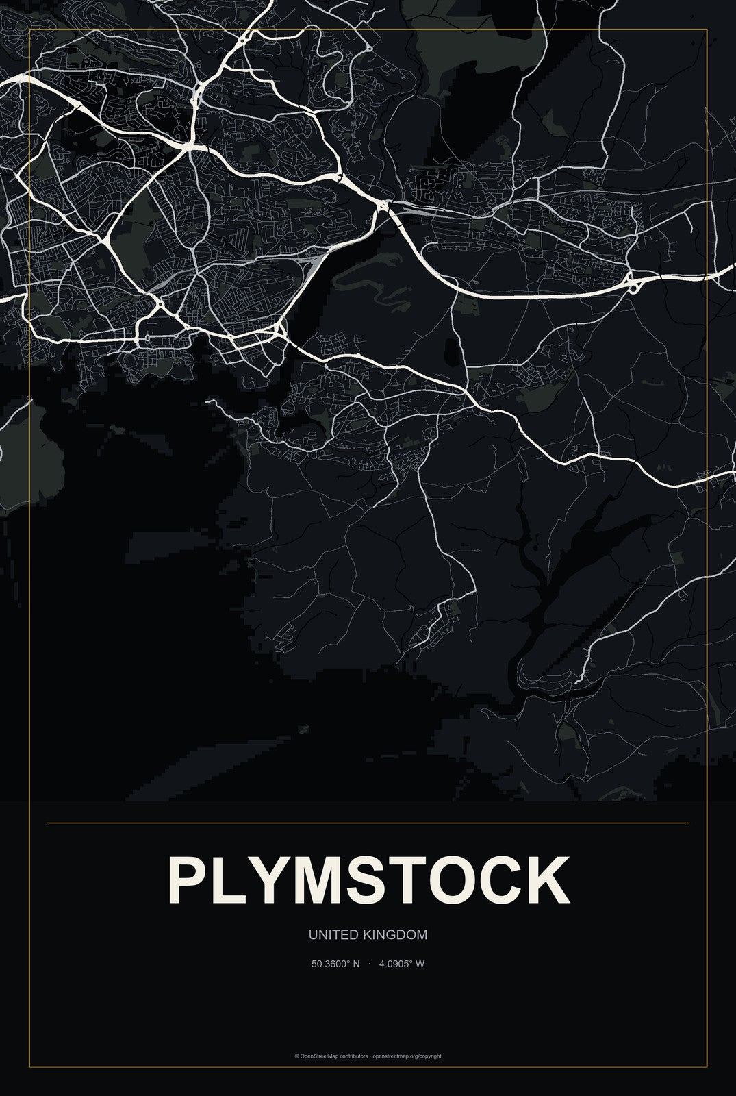 Plymstock, United Kingdom City Map Aluminum Sign in Metropolitan Noir style