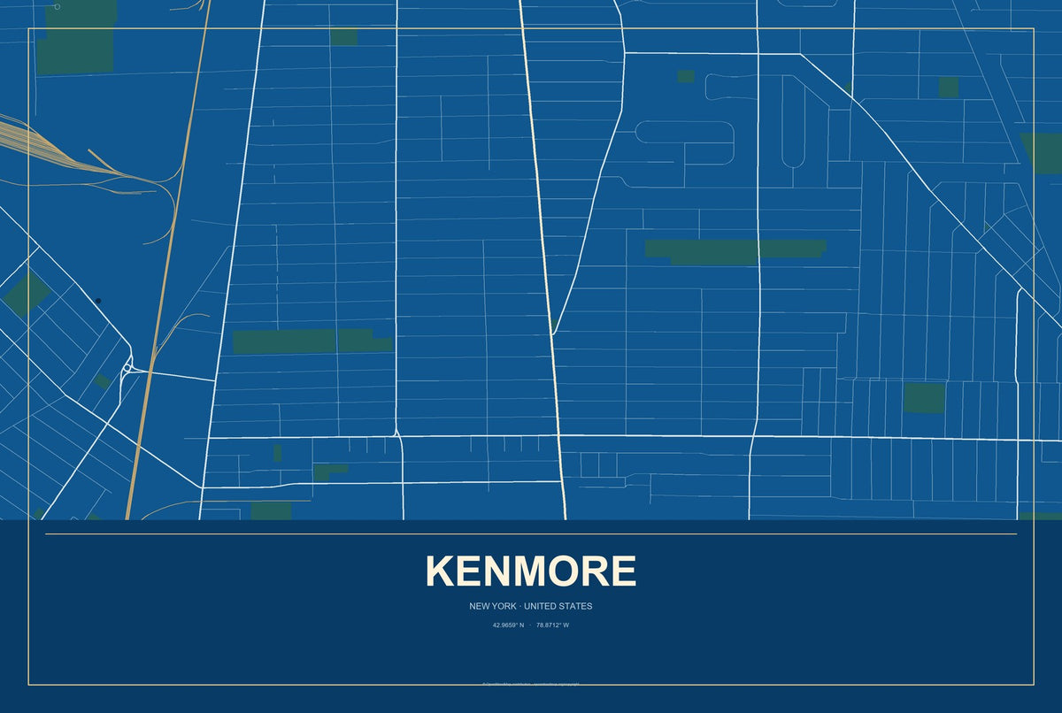 Kenmore, New York City Map Aluminum Sign in Harbor Cobalt style