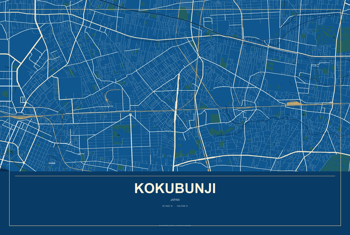 Kokubunji, Japan City Map Aluminum Sign in Harbor Cobalt style