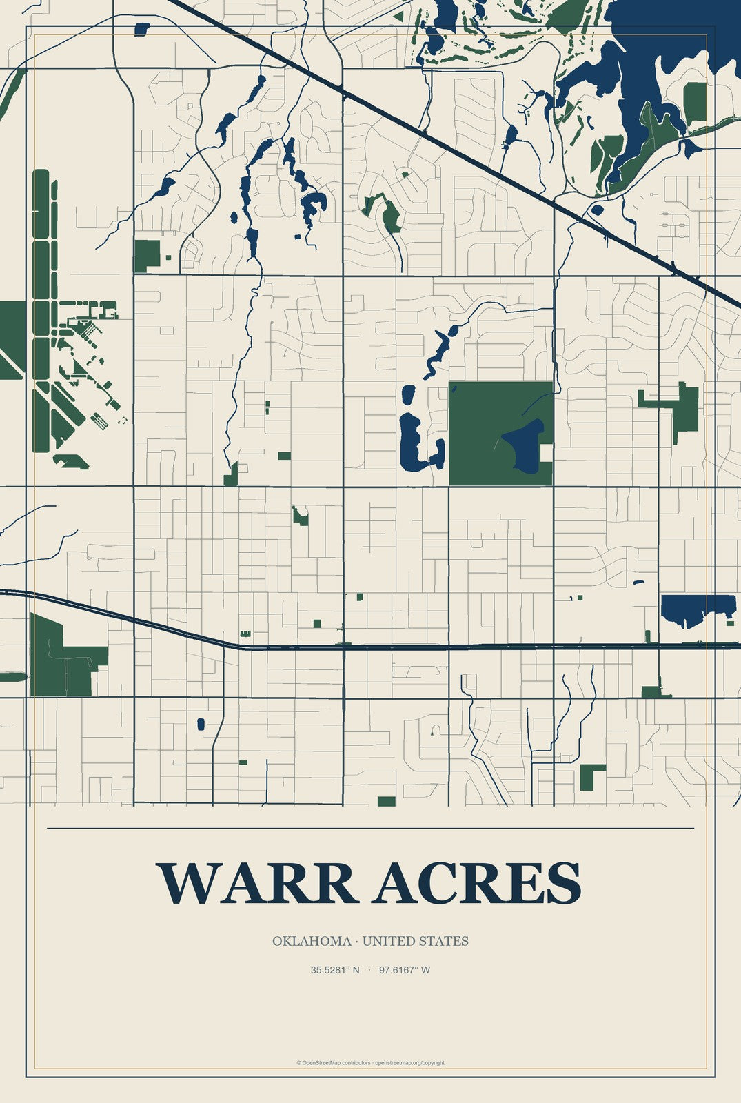 Warr Acres, Oklahoma City Map Aluminum Sign in Coastal Cutout style