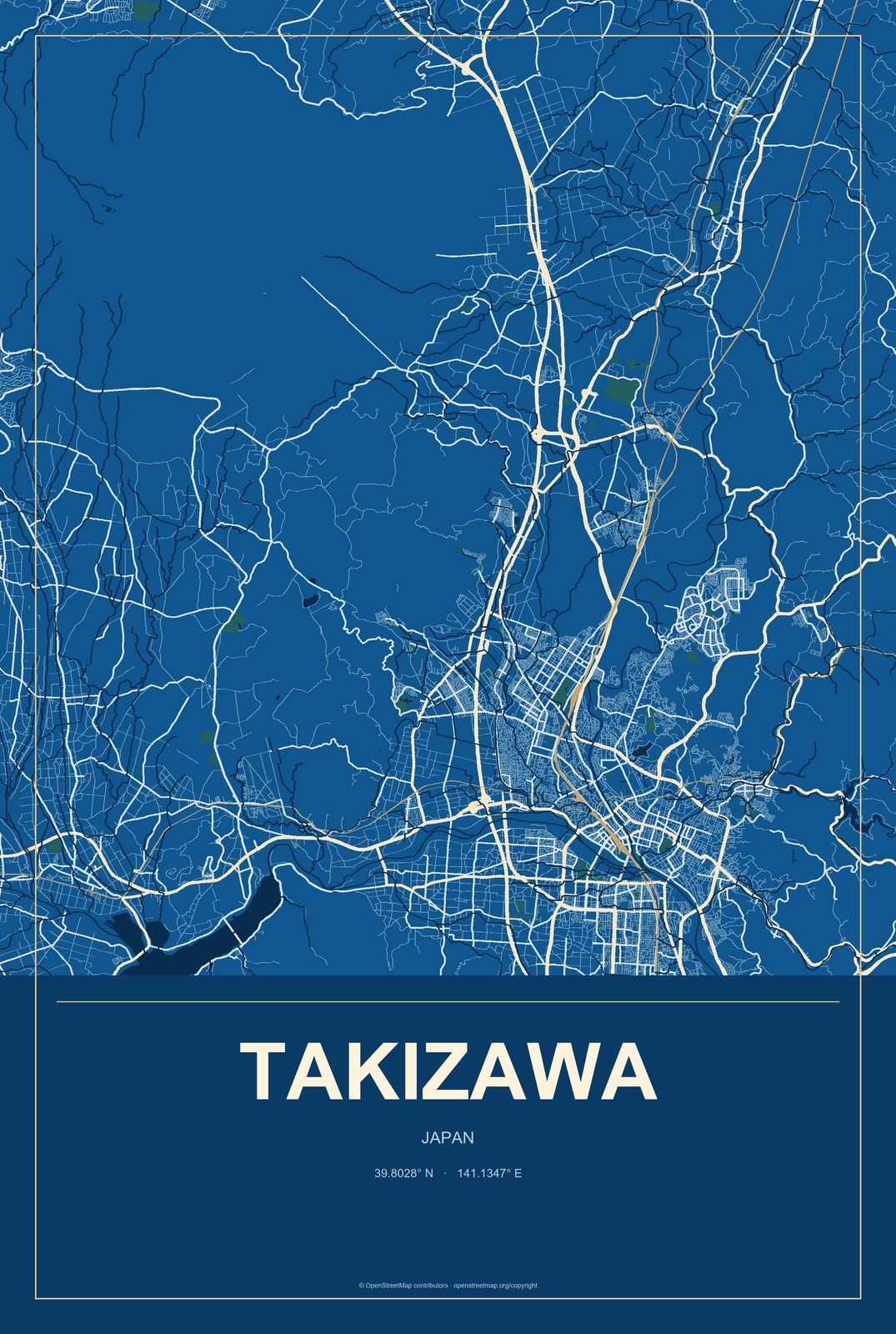 Takizawa, Japan City Map Aluminum Sign in Harbor Cobalt style
