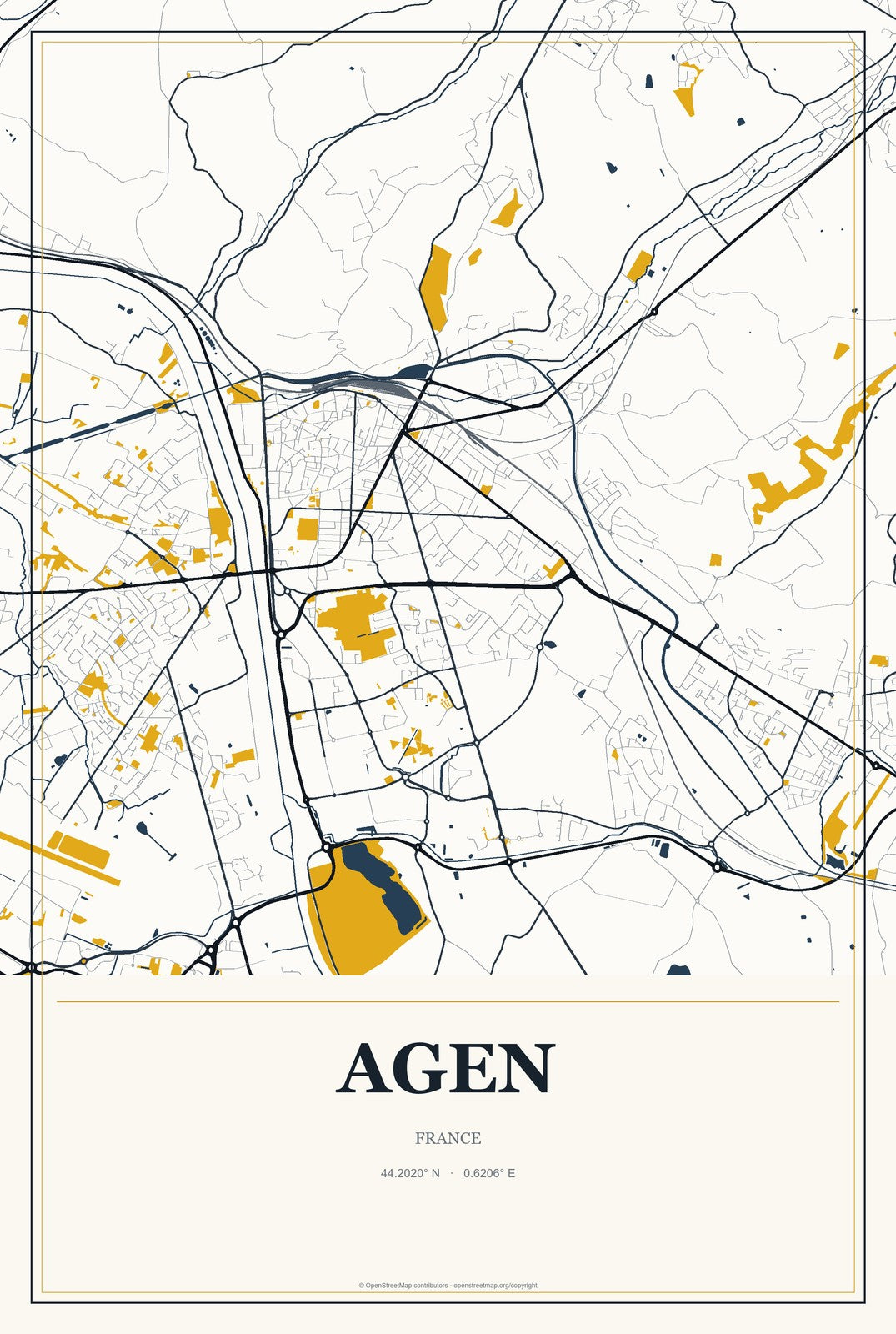 Agen, France City Map Aluminum Sign in Citrine Modern style