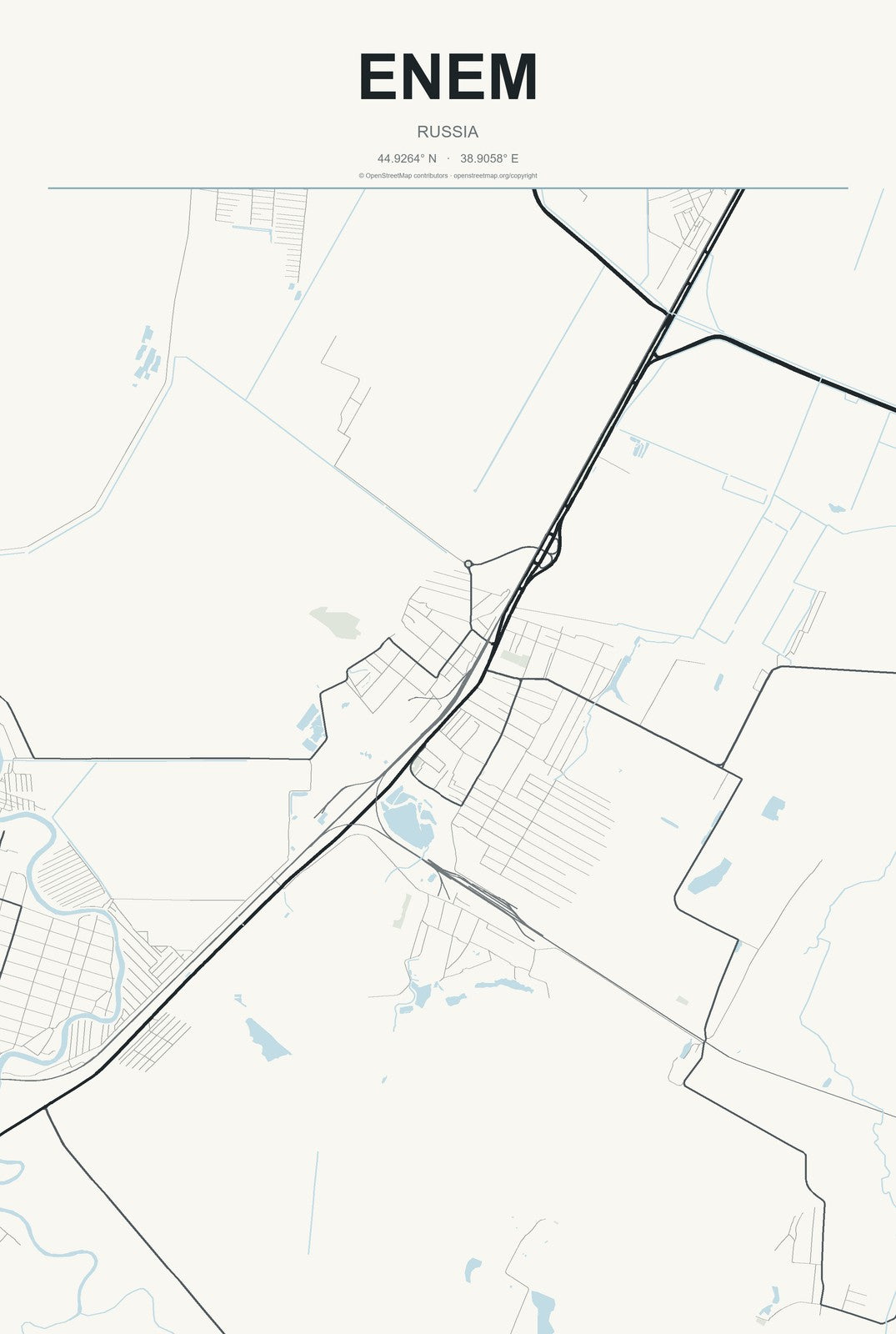 Enem, Russia City Map Aluminum Sign in Headline Atlas style