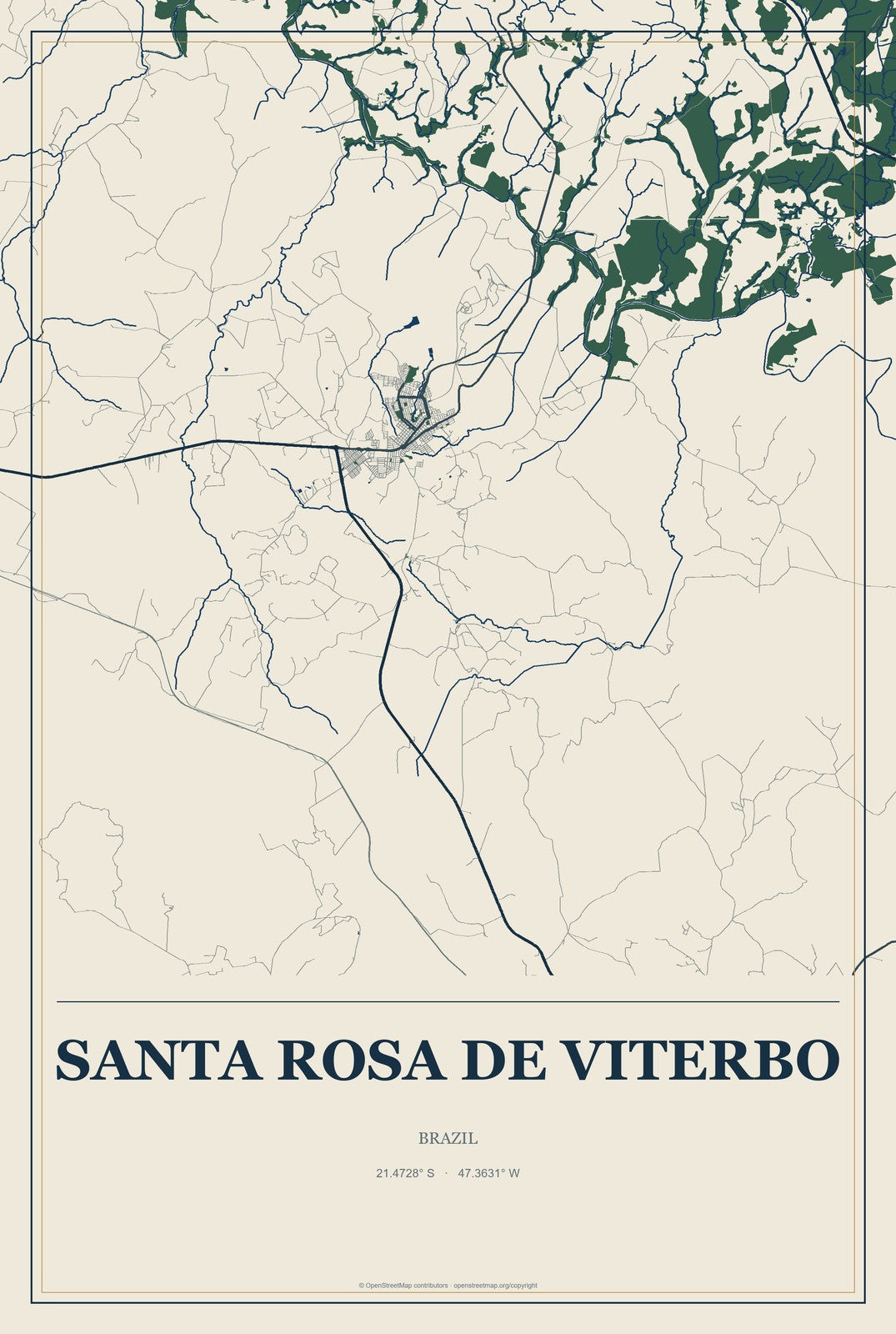 Santa Rosa de Viterbo, Brazil City Map Aluminum Sign in Coastal Cutout style