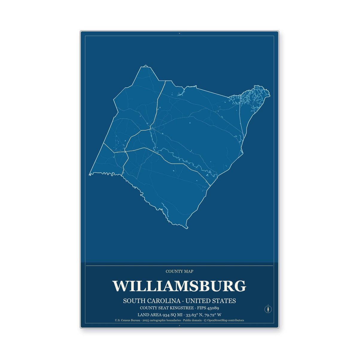 Williamsburg County, South Carolina Map Aluminum Sign in Harbor Cobalt style