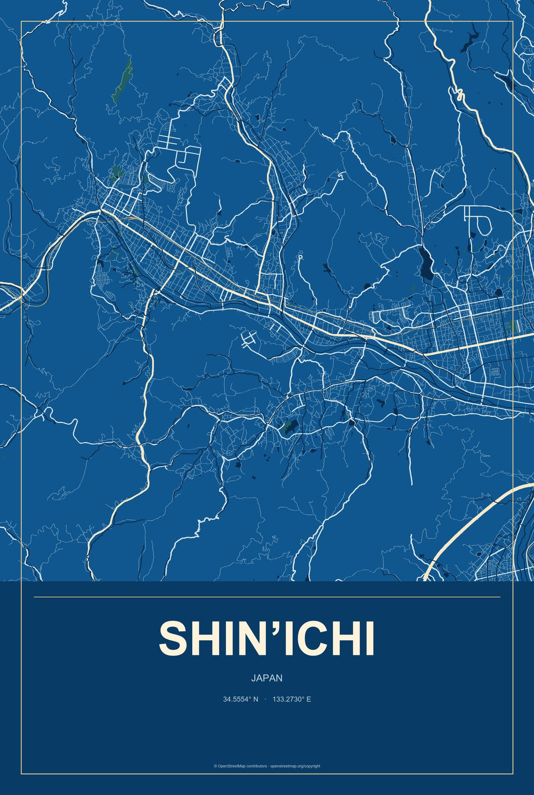 Shin’ichi, Japan City Map Aluminum Sign in Harbor Cobalt style