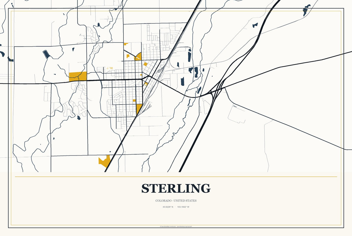 Sterling, Colorado City Map Aluminum Sign in Citrine Modern style
