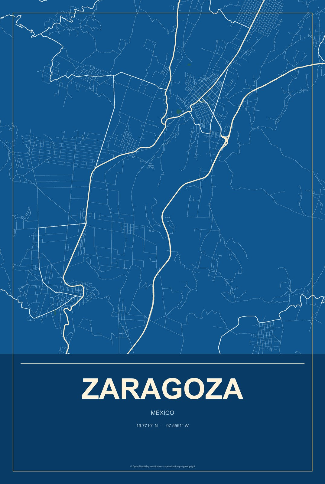 Zaragoza, Coahuila, Mexico City Map Aluminum Sign in Harbor Cobalt style