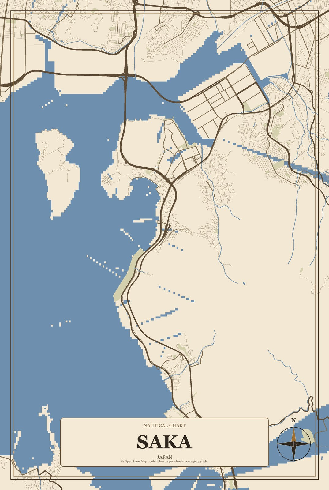 Saka, Japan City Map Aluminum Sign in Heritage Nautical style