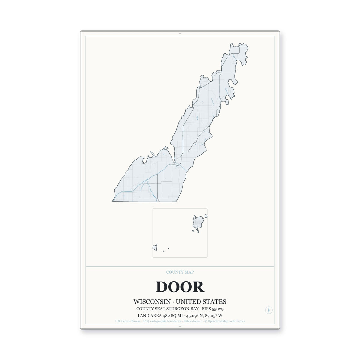 Door County, Wisconsin Map Aluminum Sign in Gallery Air style