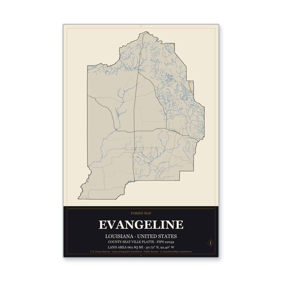 Evangeline Parish, Louisiana Map Aluminum Sign in Museum Plaque style