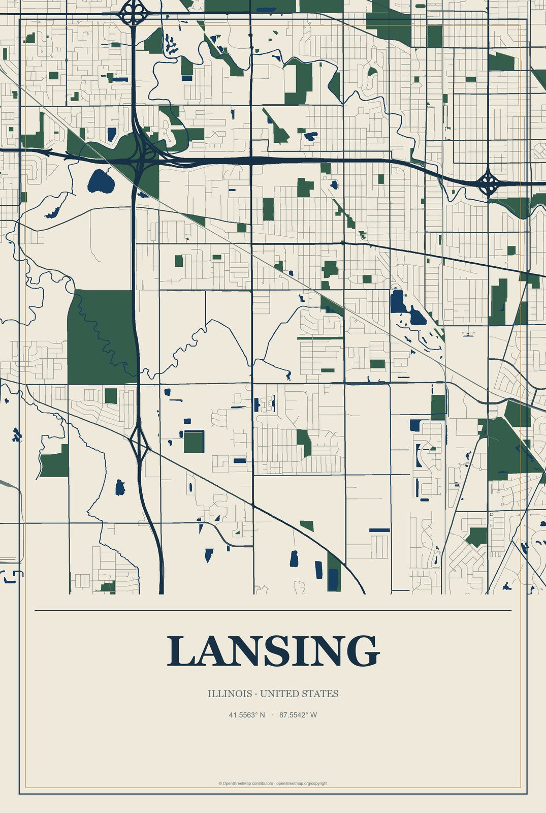 Lansing, Illinois City Map Aluminum Sign in Coastal Cutout style
