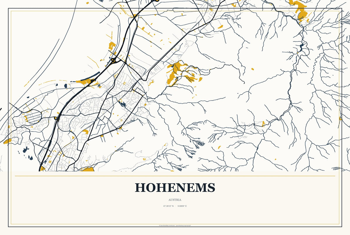 Hohenems, Austria City Map Aluminum Sign in Citrine Modern style