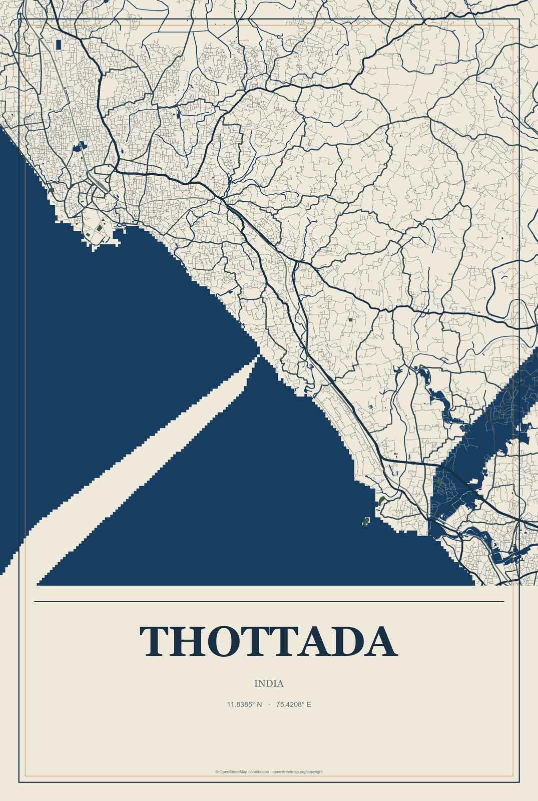 Thottada, India City Map Aluminum Sign in Coastal Cutout style