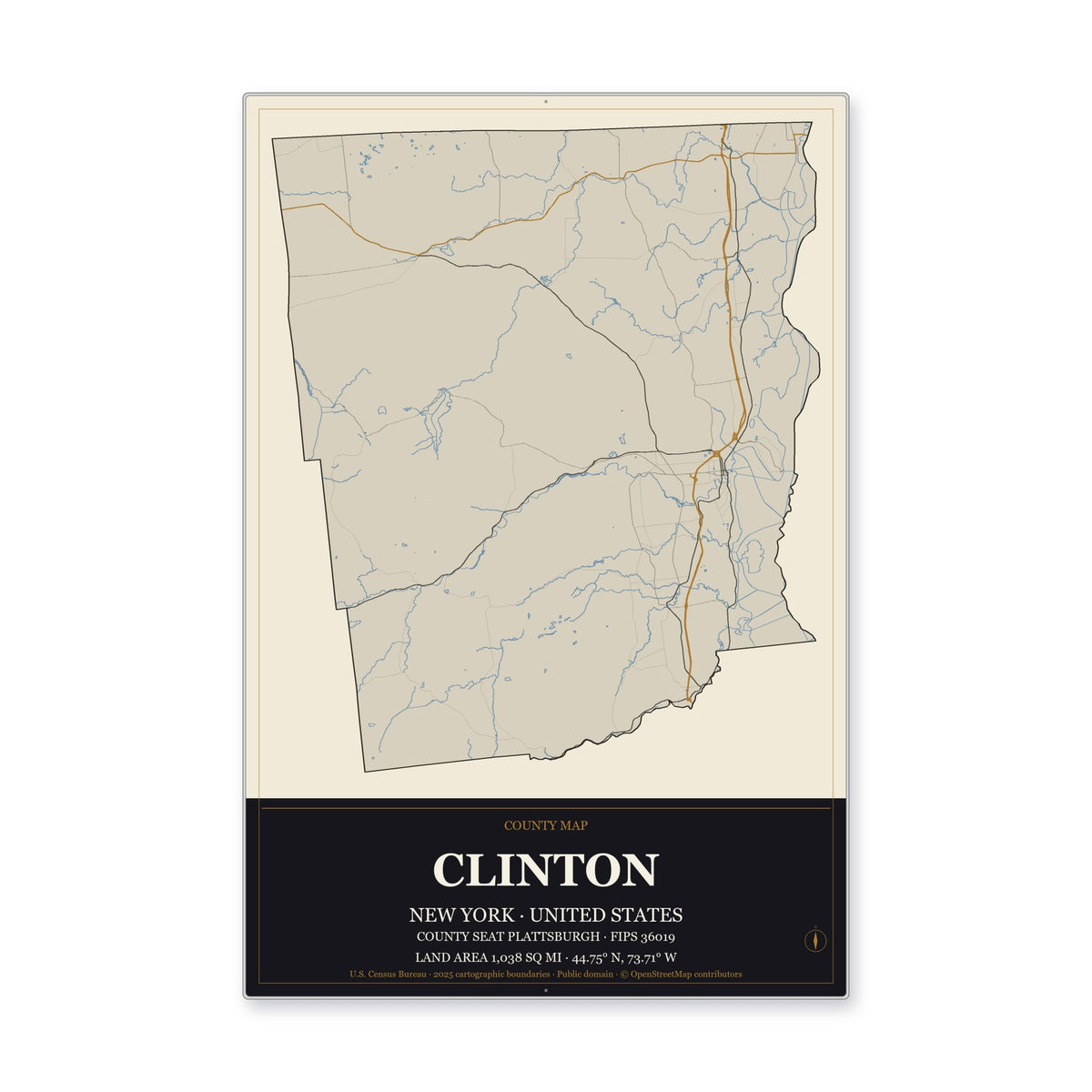 Clinton County, New York Map Aluminum Sign in Museum Plaque style