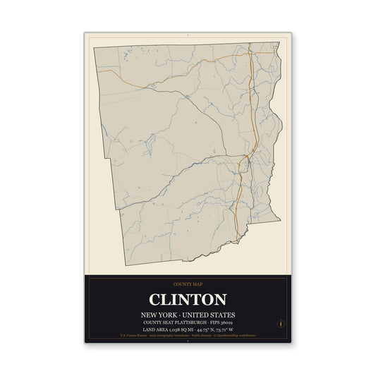 Clinton County, New York Map Aluminum Sign in Museum Plaque style