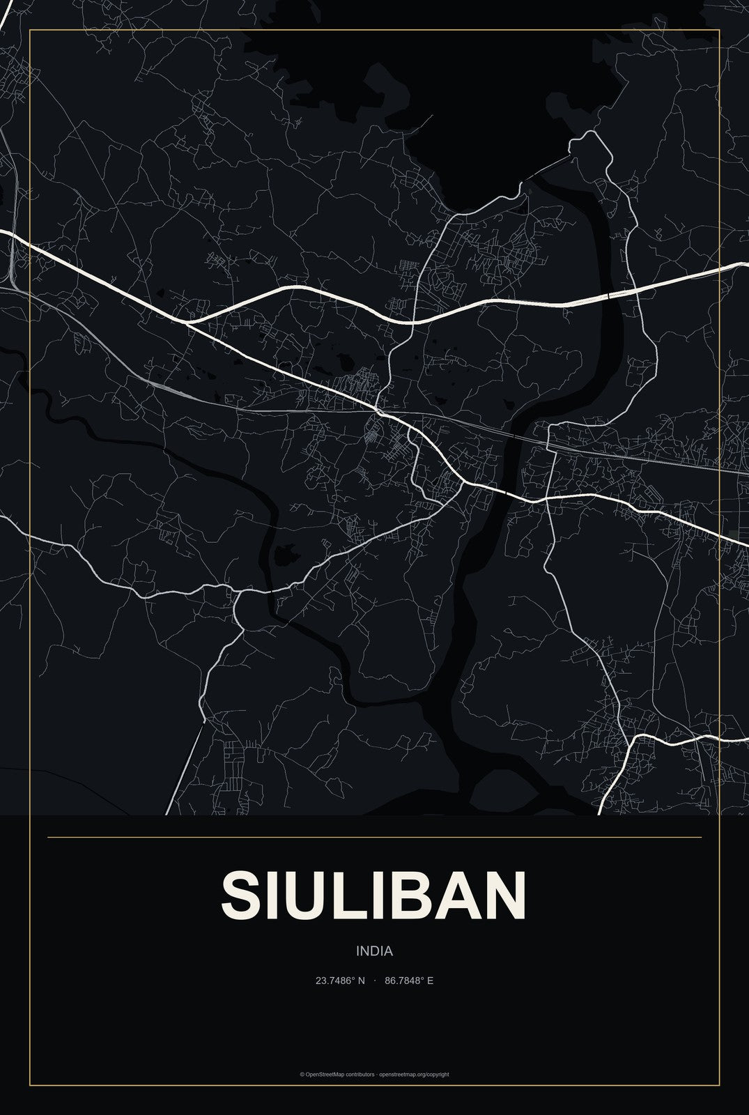 Siuliban, India City Map Aluminum Sign in Metropolitan Noir style