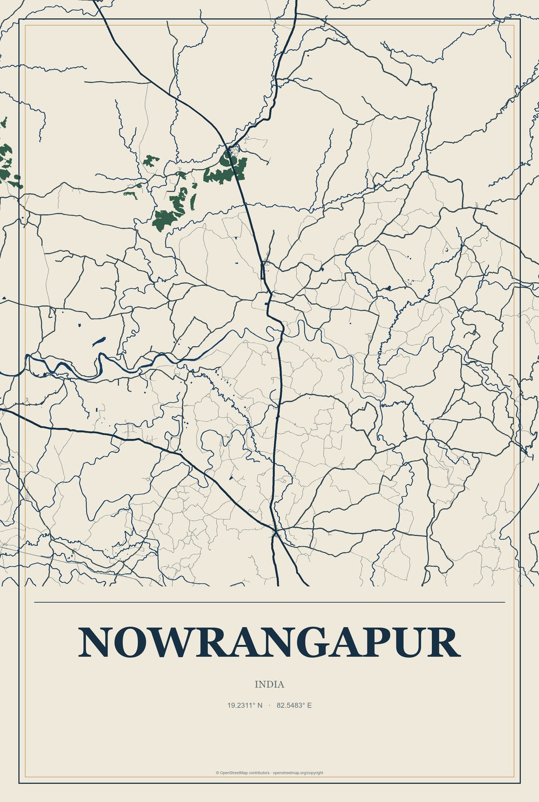 Nowrangapur, India City Map Aluminum Sign in Coastal Cutout style