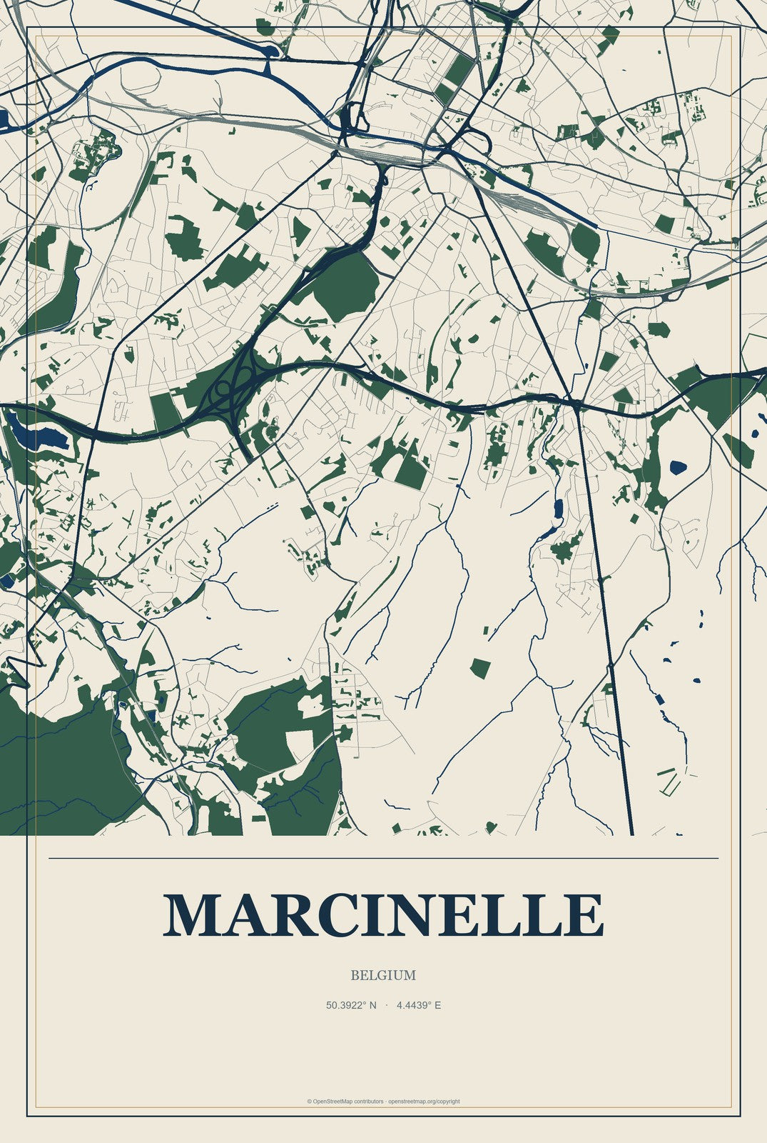 Marcinelle, Belgium City Map Aluminum Sign in Coastal Cutout style