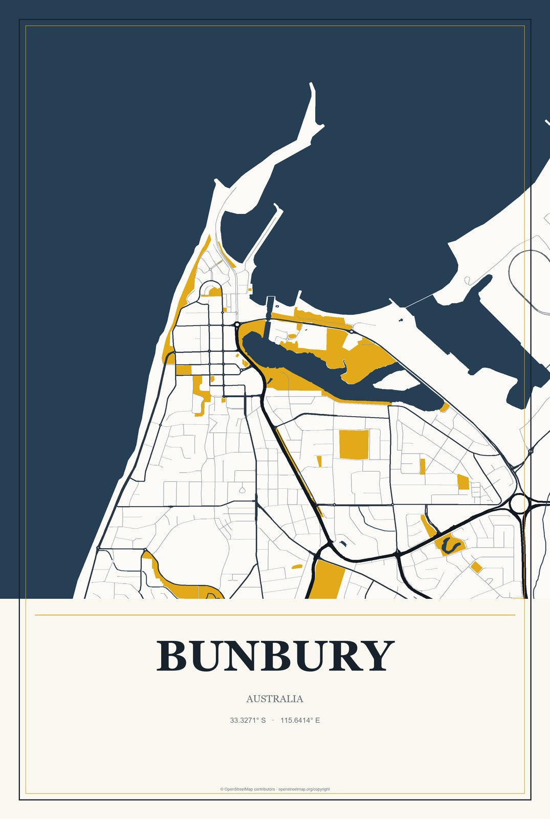 Bunbury, Australia City Map Aluminum Sign in Citrine Modern style