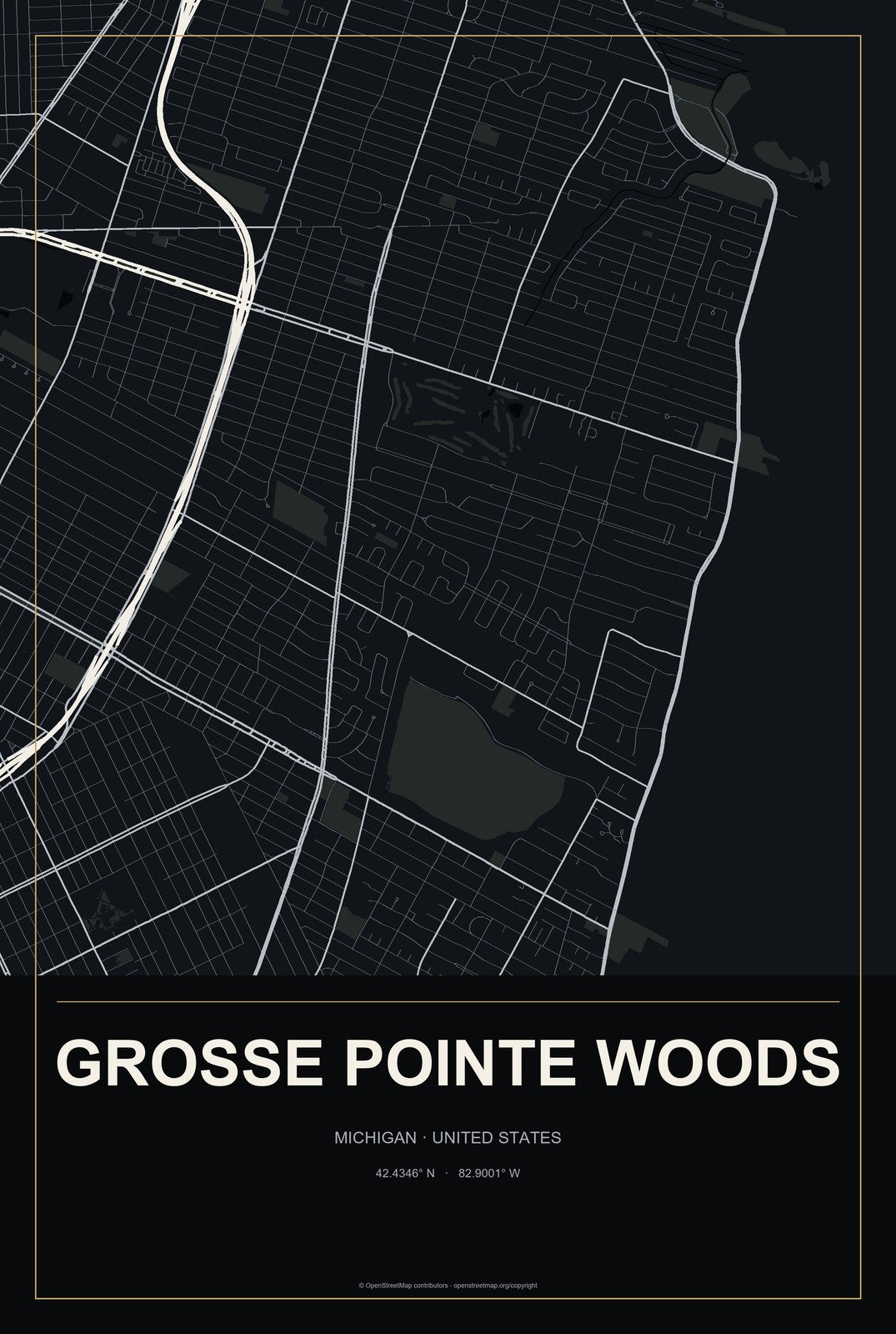 Grosse Pointe Woods, Michigan City Map Aluminum Sign in Metropolitan Noir style
