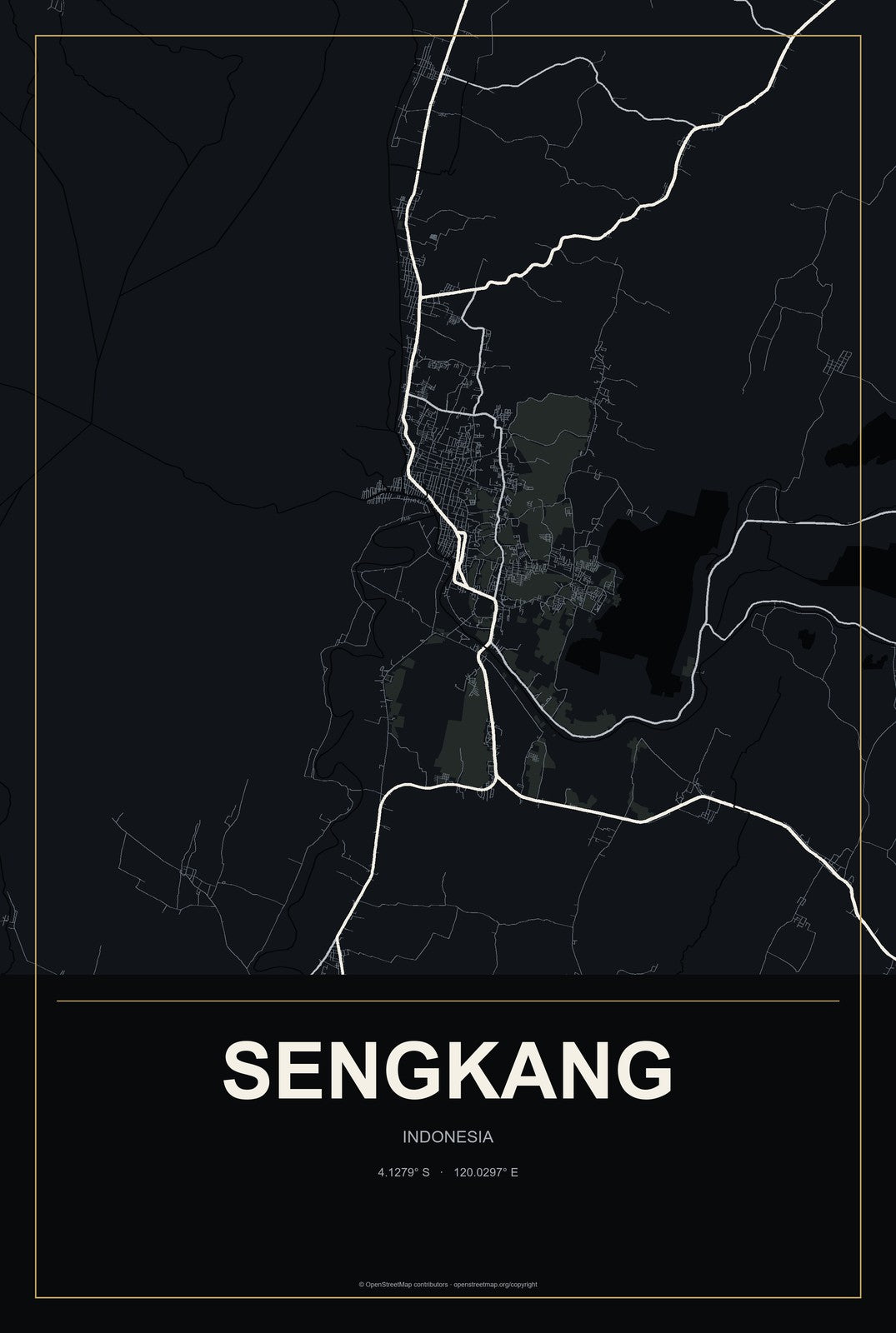 Sengkang, Indonesia City Map Aluminum Sign in Metropolitan Noir style