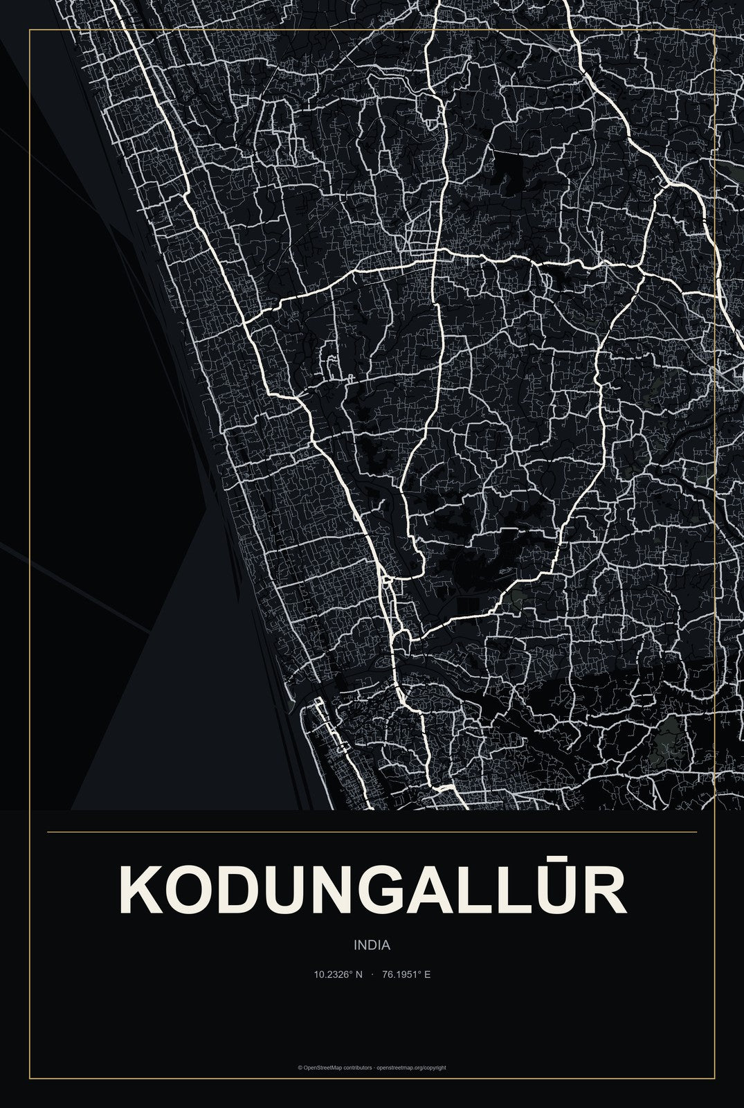 Kodungallūr, India City Map Aluminum Sign in Metropolitan Noir style