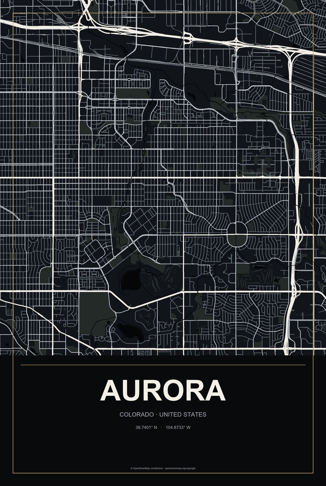 Aurora, Colorado City Map Aluminum Sign in Metropolitan Noir style