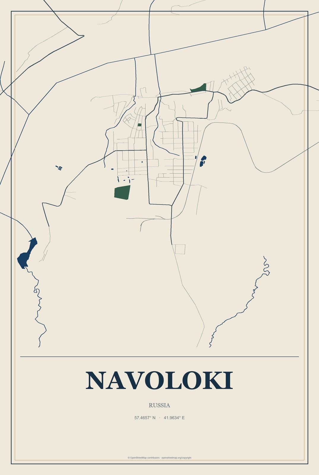 Navoloki, Russia City Map Aluminum Sign in Coastal Cutout style