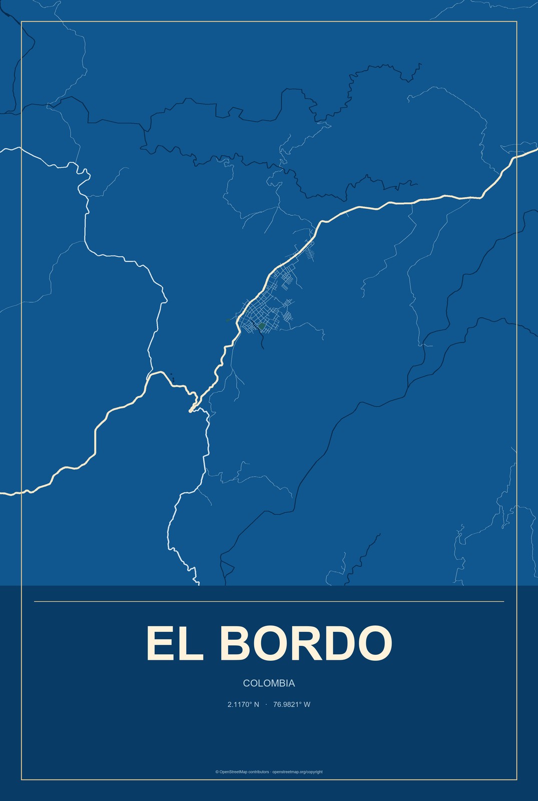 El Bordo, Colombia City Map Aluminum Sign in Harbor Cobalt style