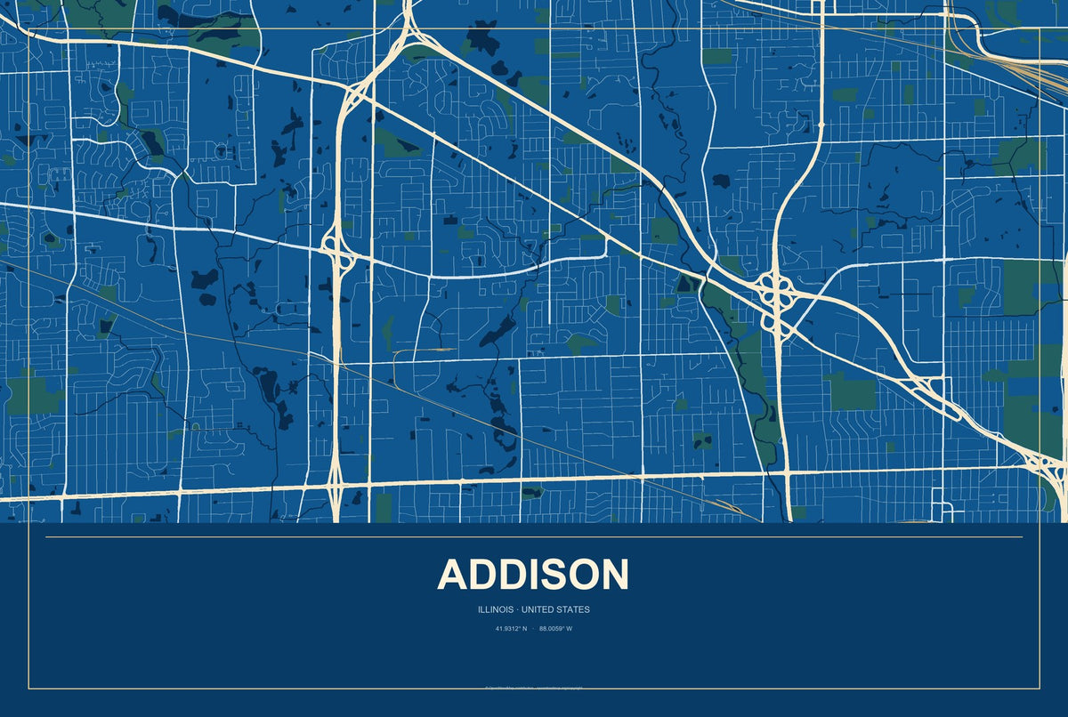 Addison, Illinois City Map Aluminum Sign in Harbor Cobalt style