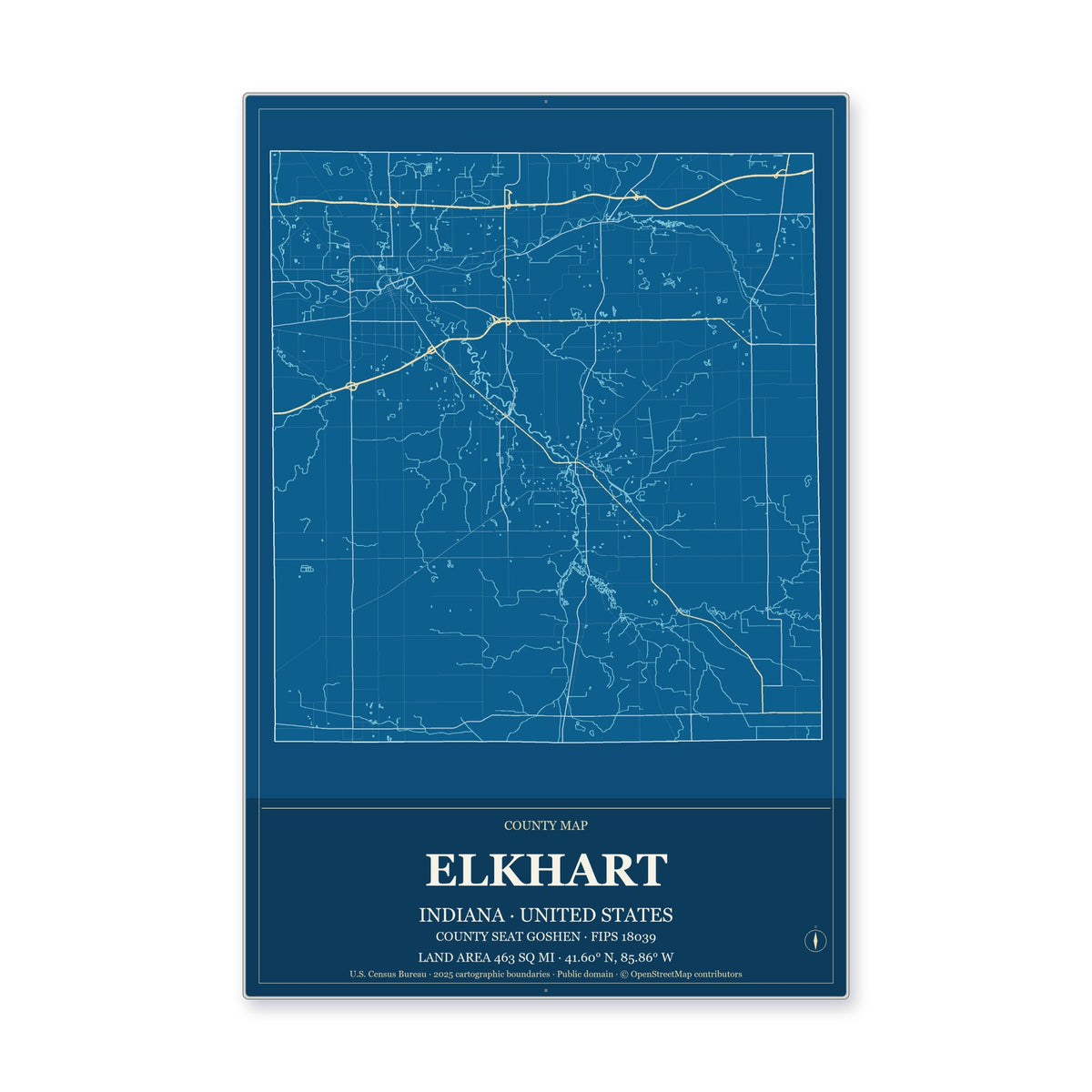 Elkhart County, Indiana Map Aluminum Sign in Harbor Cobalt style