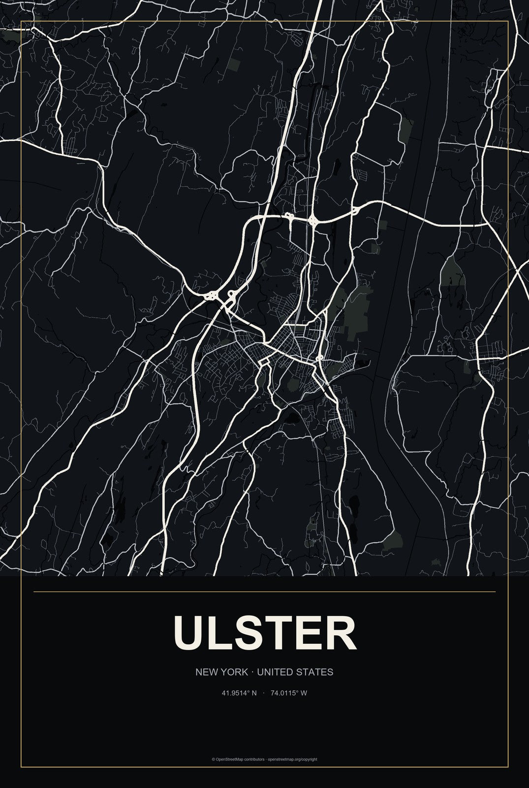 Ulster, New York City Map Aluminum Sign in Metropolitan Noir style