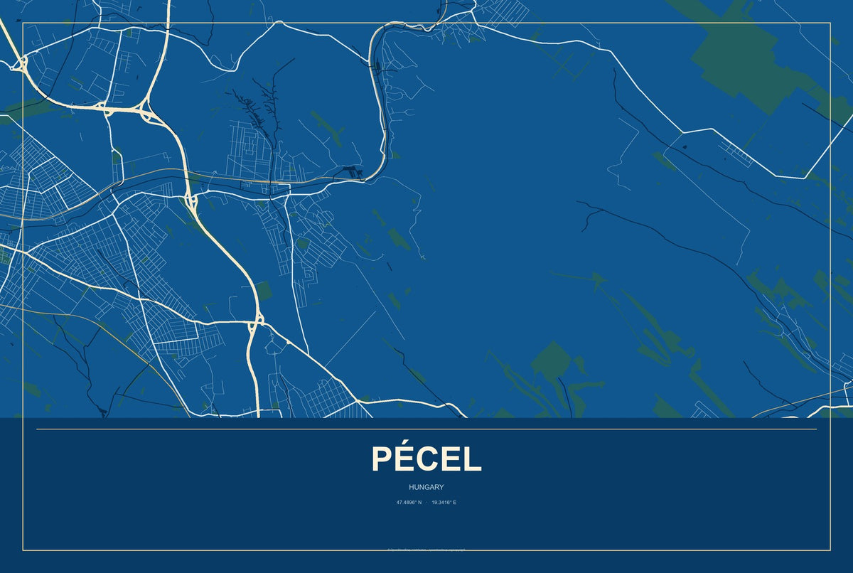 Pécel, Hungary City Map Aluminum Sign in Harbor Cobalt style