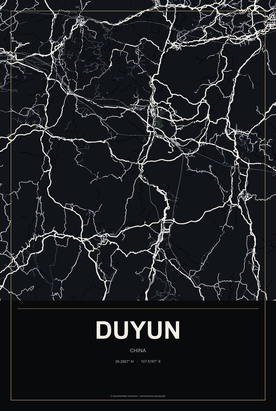 Duyun, China City Map Aluminum Sign in Metropolitan Noir style