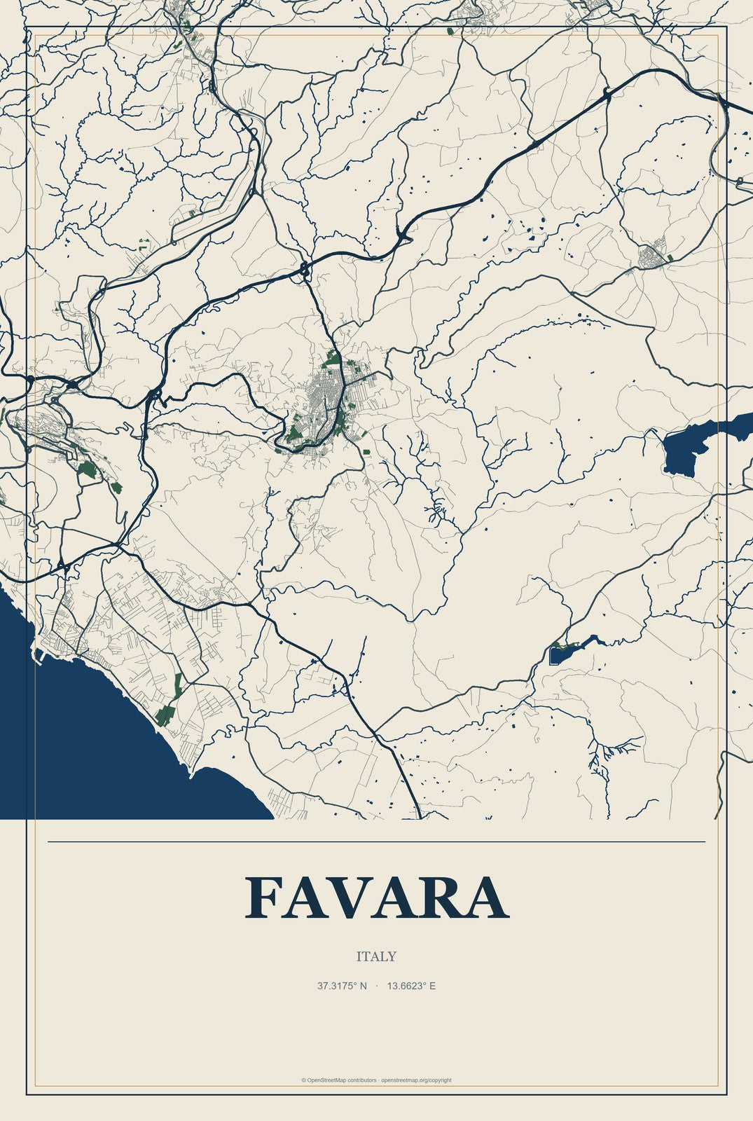Favara, Italy City Map Aluminum Sign in Coastal Cutout style