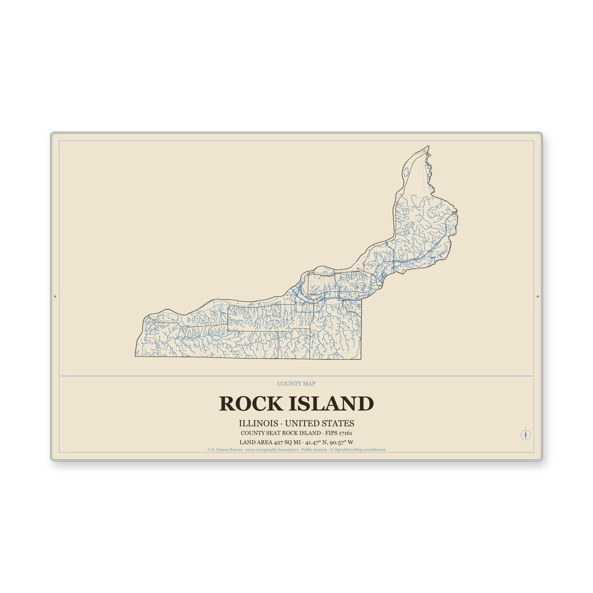 Rock Island County, Illinois Map Aluminum Sign in Heritage Nautical style