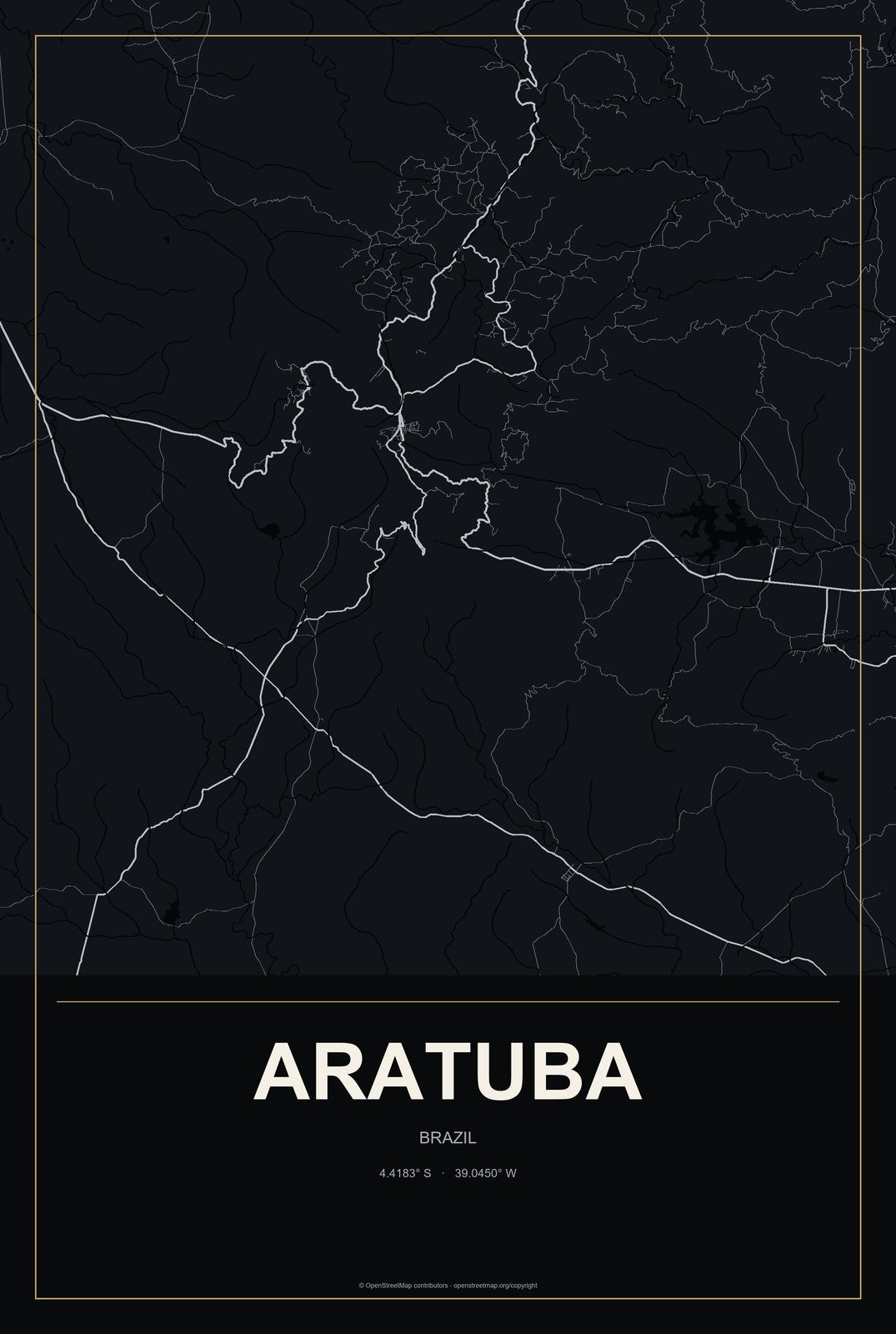 Aratuba, Brazil City Map Aluminum Sign in Metropolitan Noir style