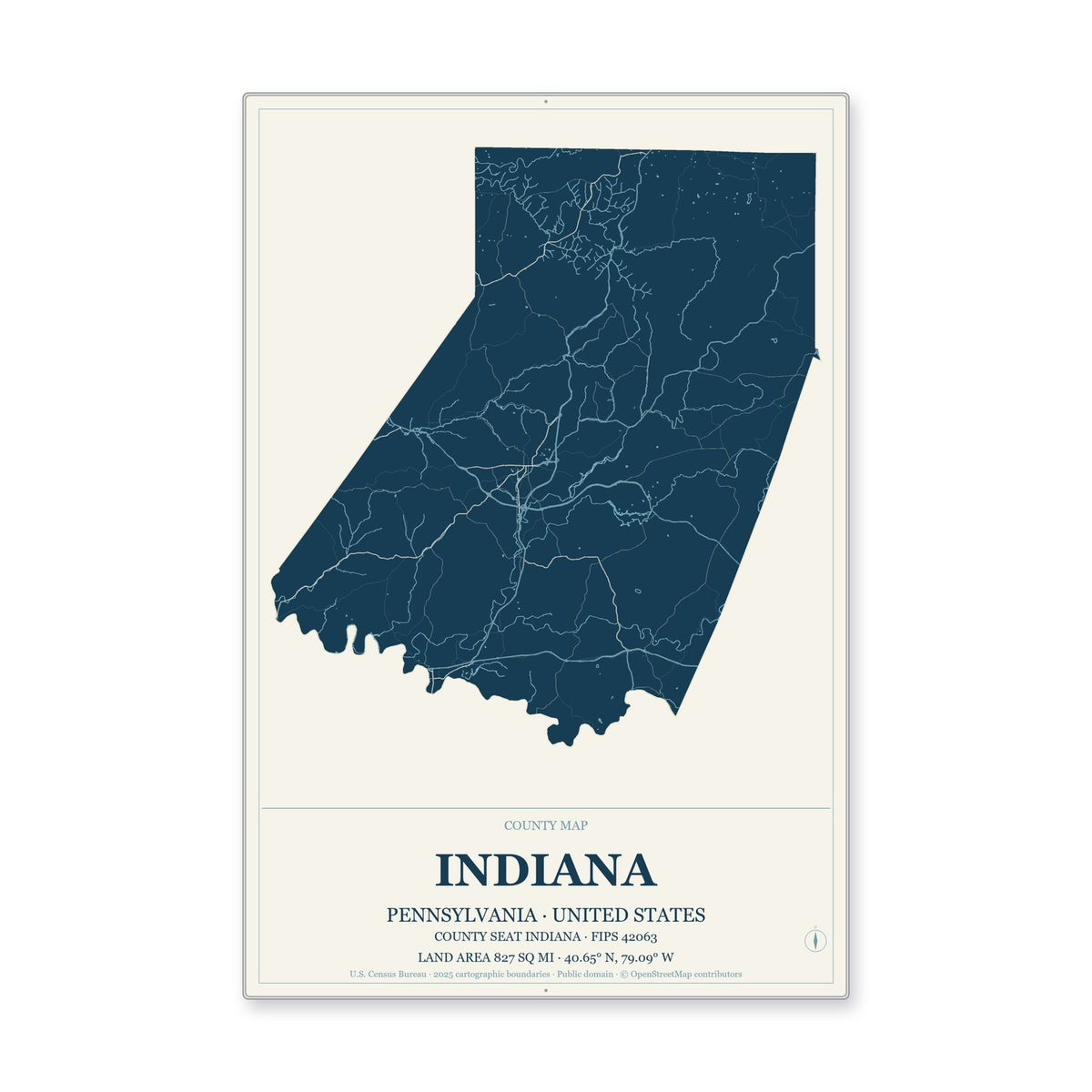 Indiana County, Pennsylvania Map Aluminum Sign in Coastal Cutout style