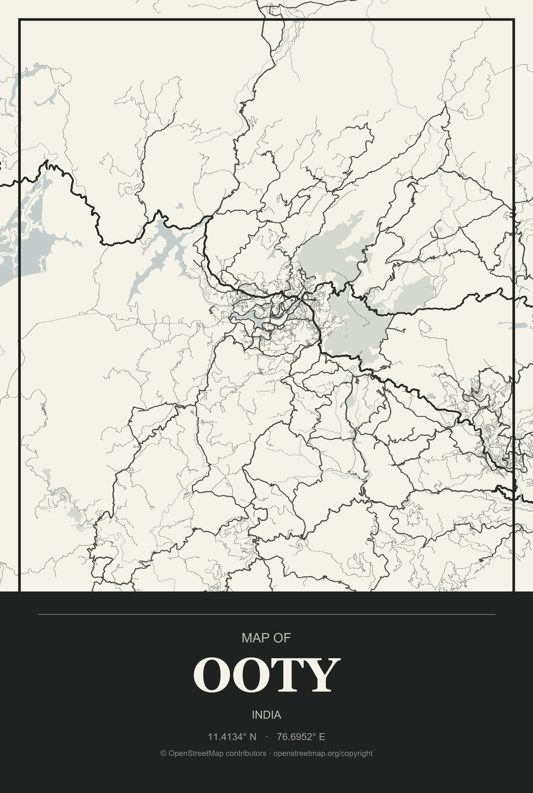 Ooty, India City Map Aluminum Sign in Museum Plaque style