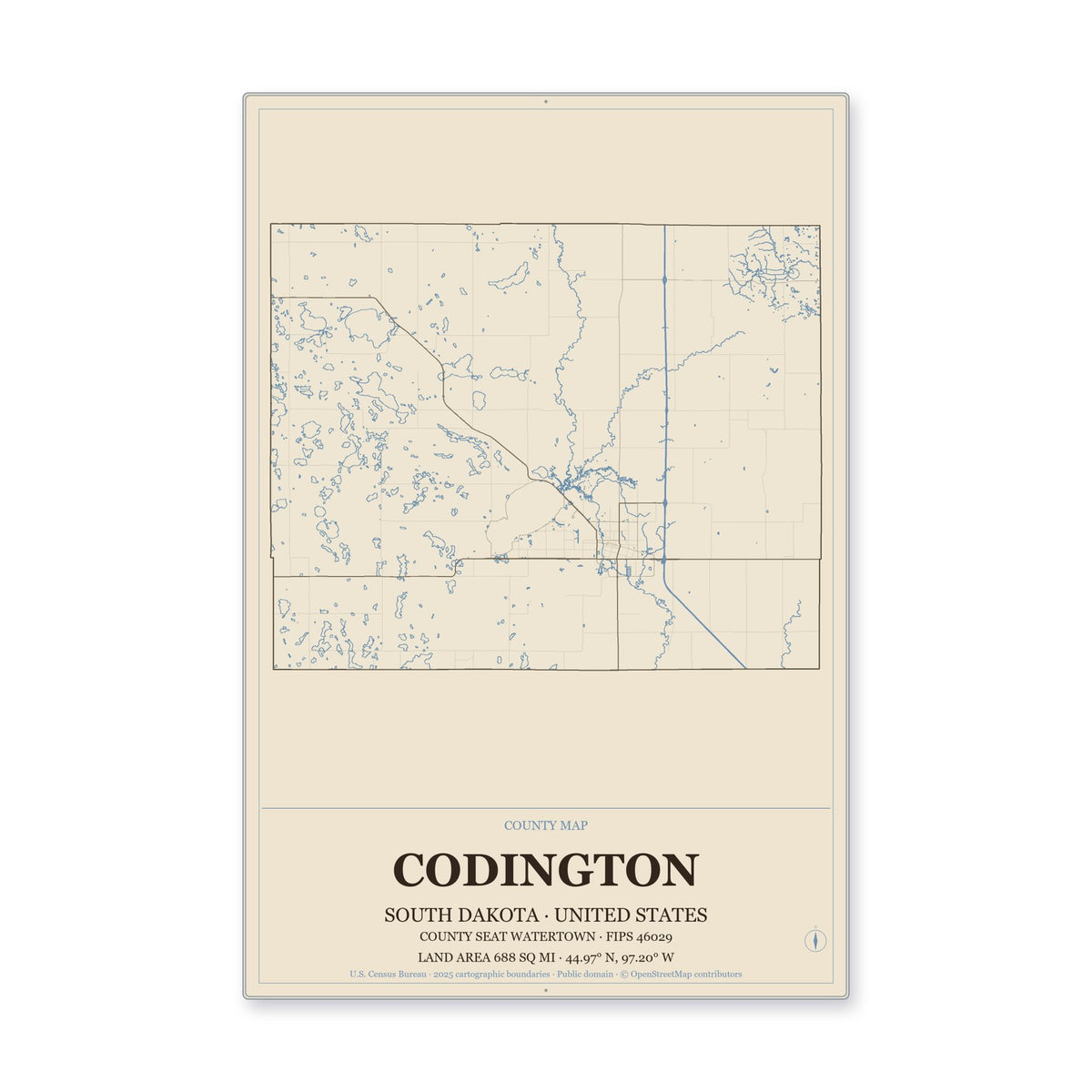 Codington County, South Dakota Map Aluminum Sign in Heritage Nautical style