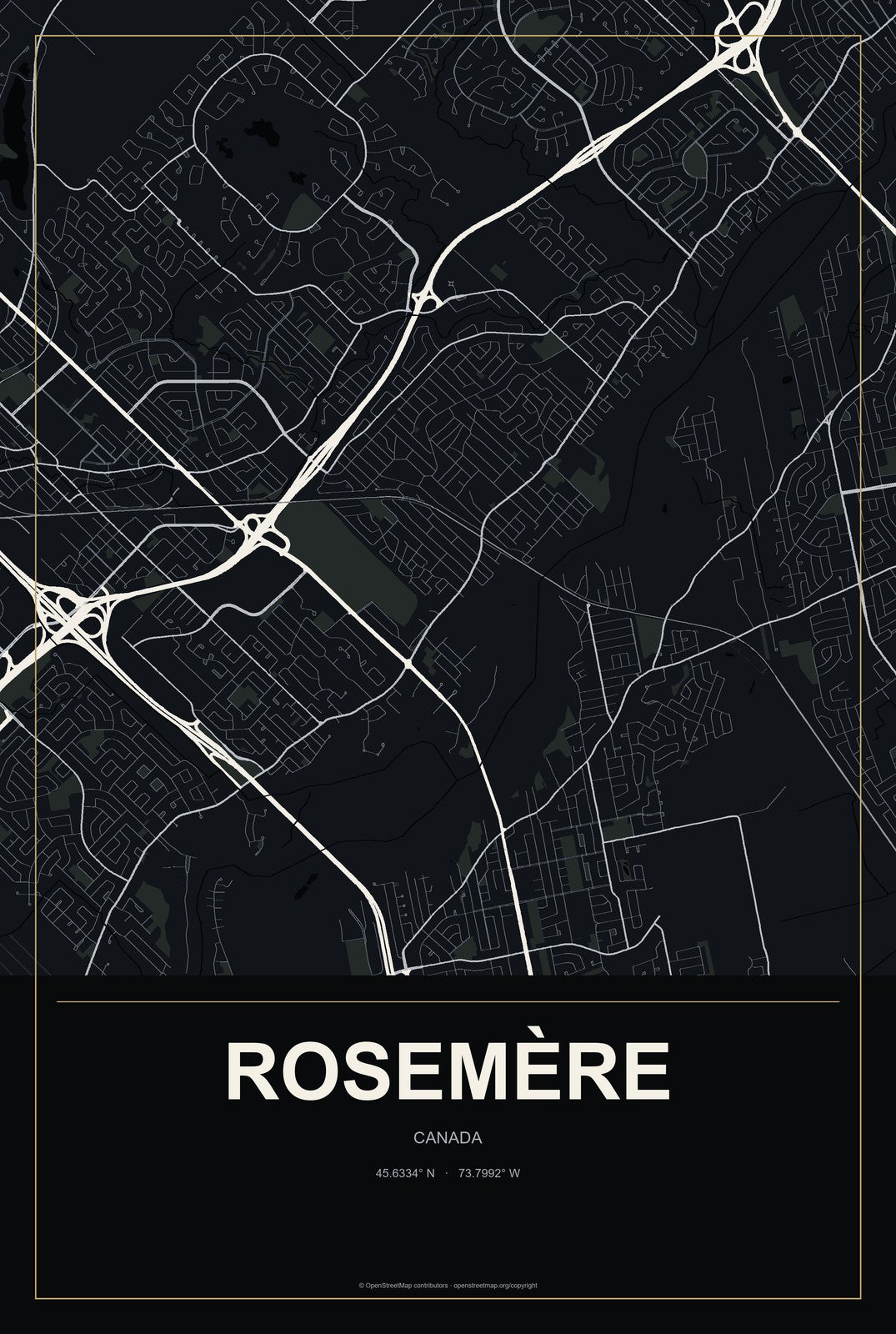 Rosemère, Canada City Map Aluminum Sign in Metropolitan Noir style