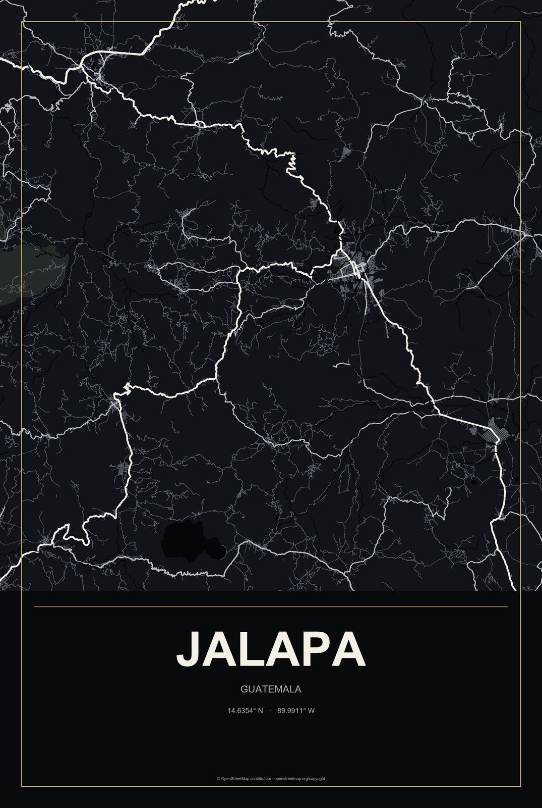 Jalapa, Guatemala City Map Aluminum Sign in Metropolitan Noir style