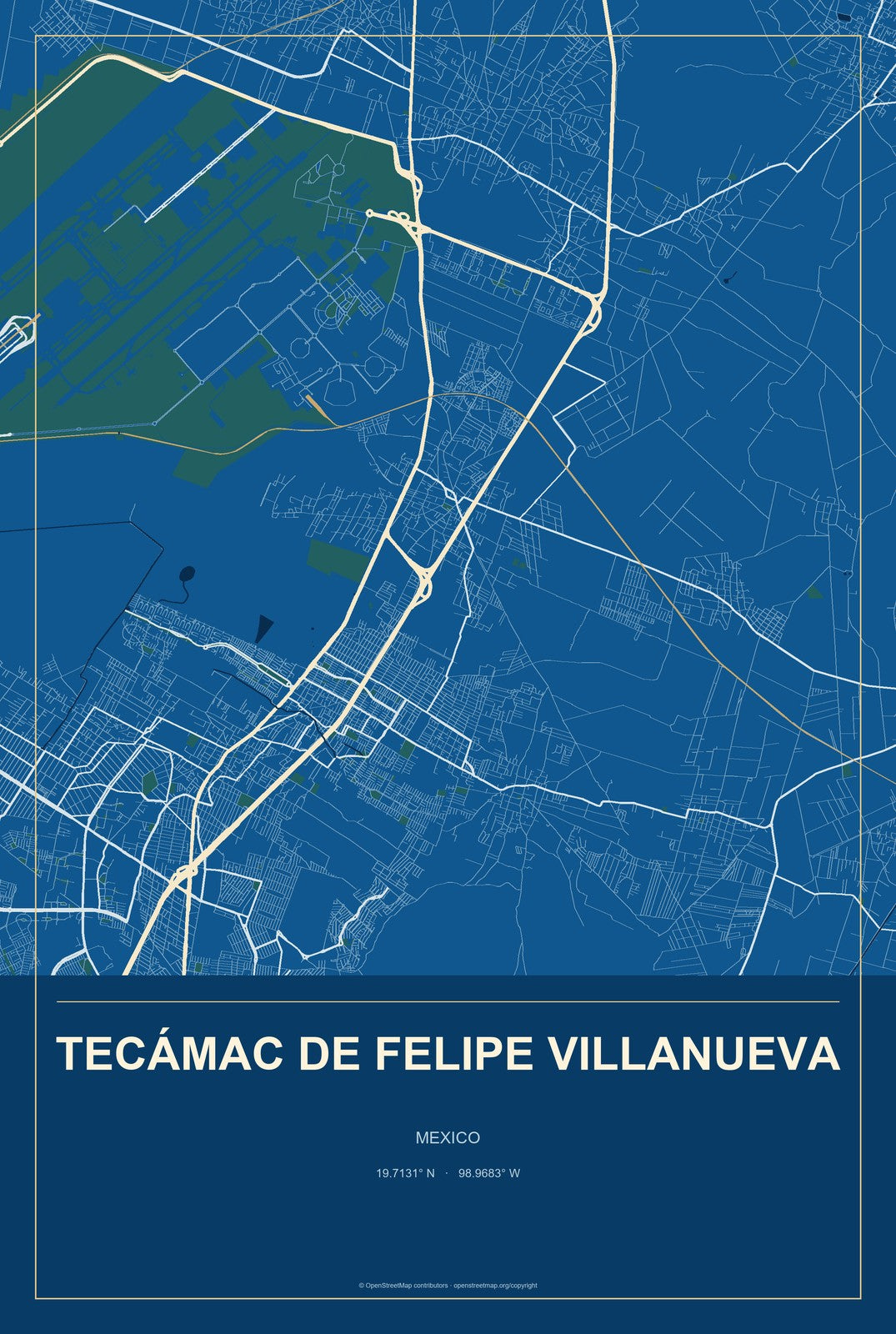 Tecámac de Felipe Villanueva, Mexico City Map Aluminum Sign in Harbor Cobalt style
