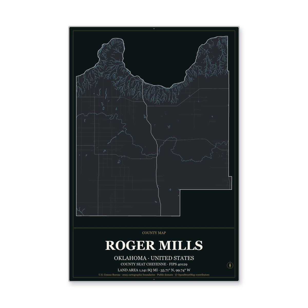 Roger Mills County, Oklahoma Map Aluminum Sign in Metropolitan Noir style