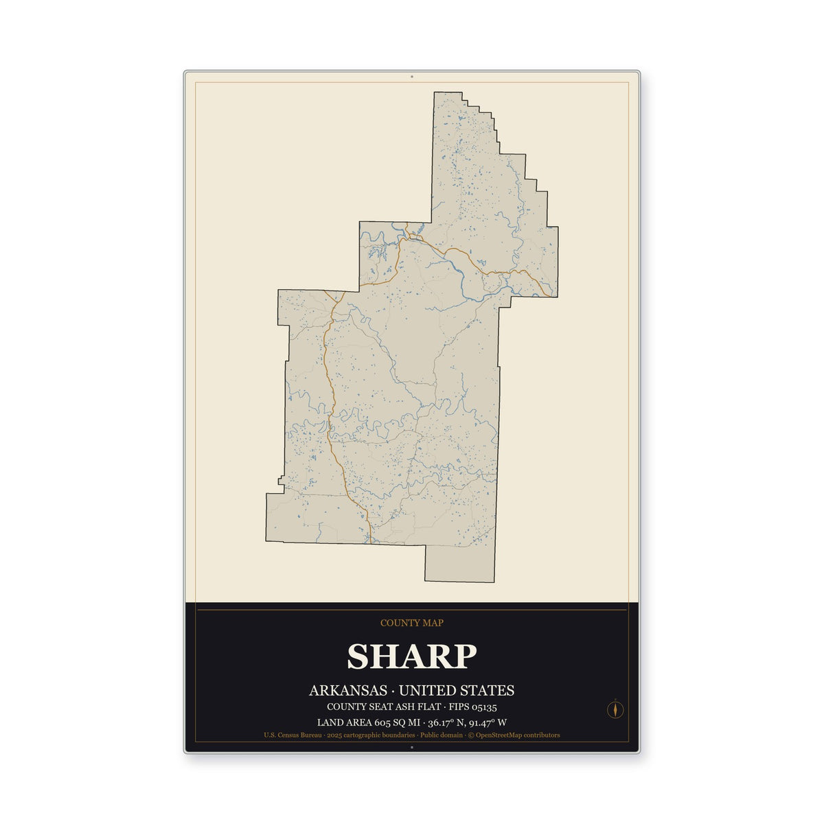Sharp County, Arkansas Map Aluminum Sign in Museum Plaque style