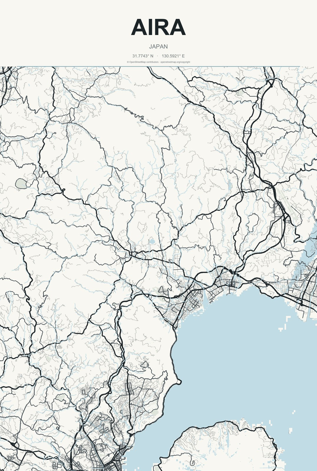 Aira, Japan City Map Aluminum Sign in Headline Atlas style
